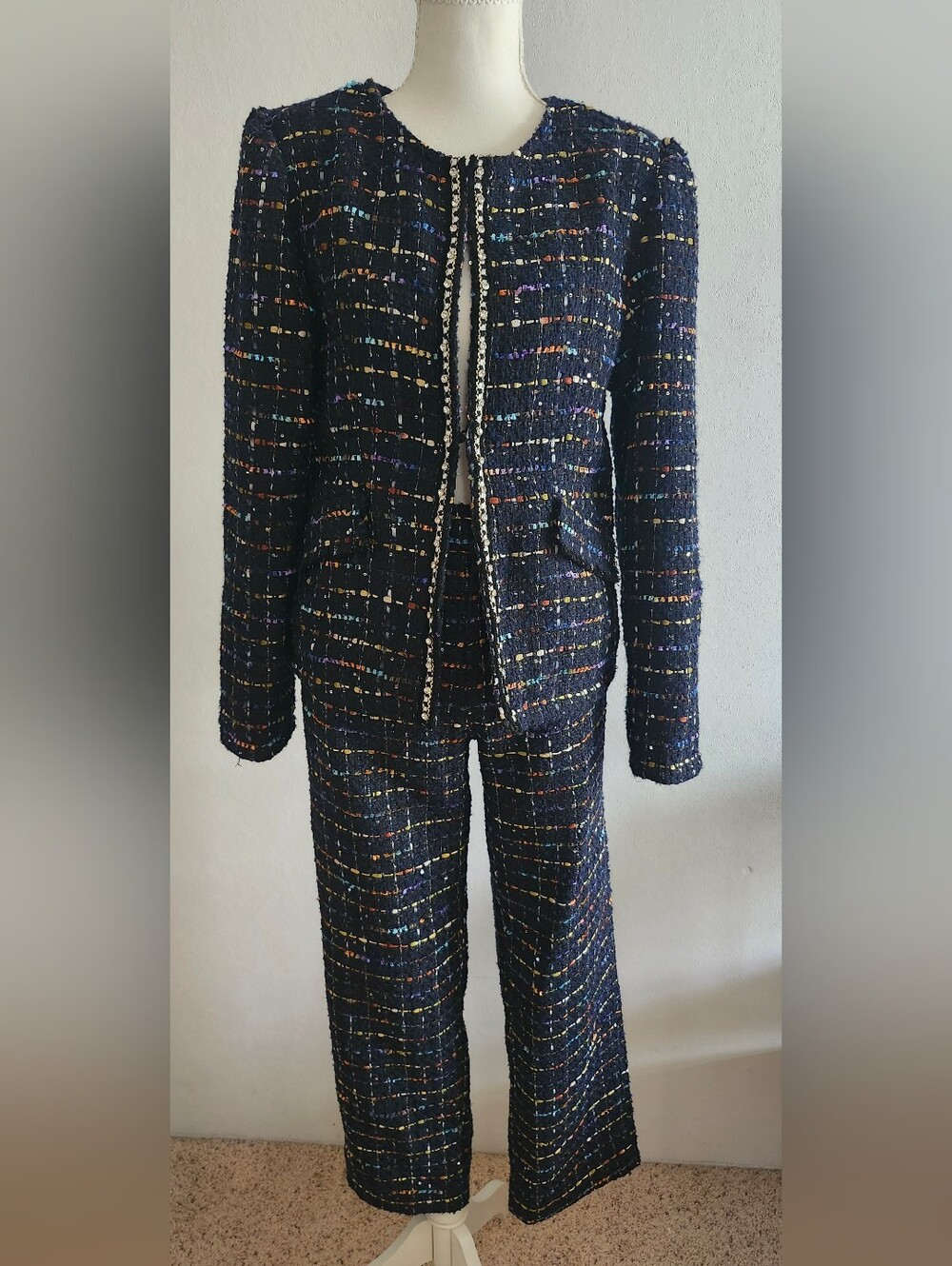 Venus Rhinestone Embellished Tweed Pantsuit Set Women's 8 Navy Multicolor Blazer